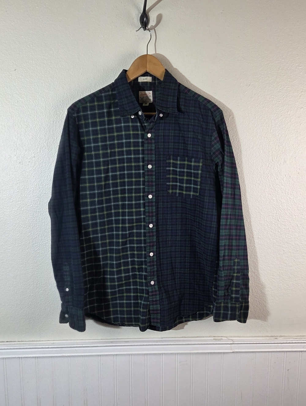 J.Crew Broken In Oxford Shirt Men M Slim Blue Plaid Patchwork Organic Cotton